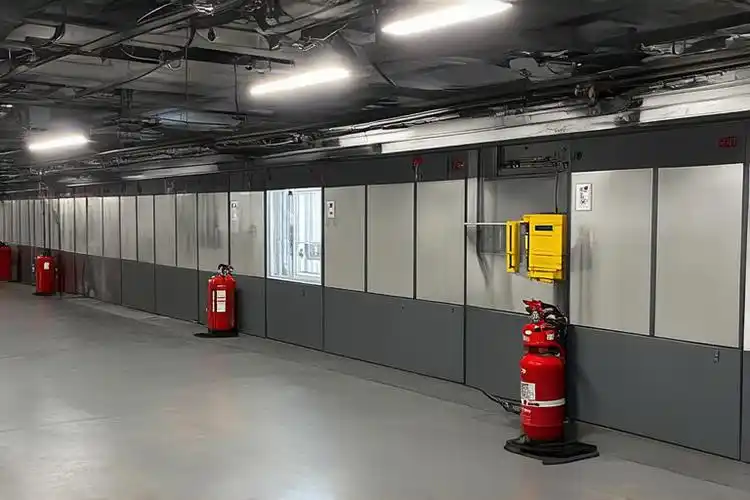Emergency Fire Extinguishers and Safety Panels in Corridor