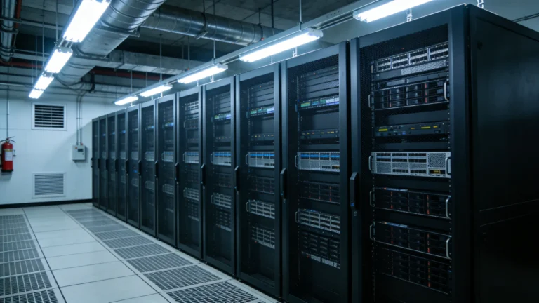 Perspective View of a Modern Server Room Aisle
