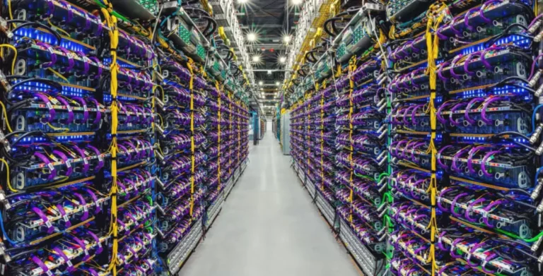 Organized Server Rack Cable Management with Blue Cabling