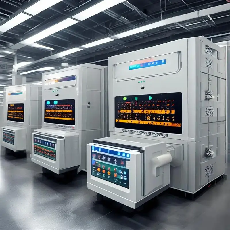 A row of advanced white industrial automation control cabinets and server racks with glowing digital UI display screens in a tech facility.