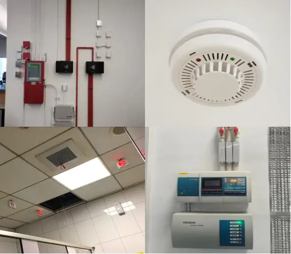 Commercial fire alarm control panel with addressable smoke detector modules for kitchen hood fire suppression system interconnection per NFPA 72
