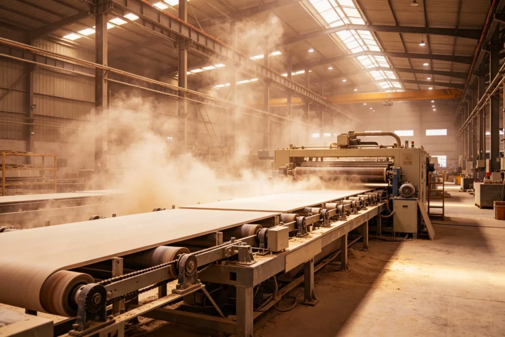 An industrial wood processing factory where a conveyor belt moves large sheets of plywood through a machine, with dust and sunlight in the air.