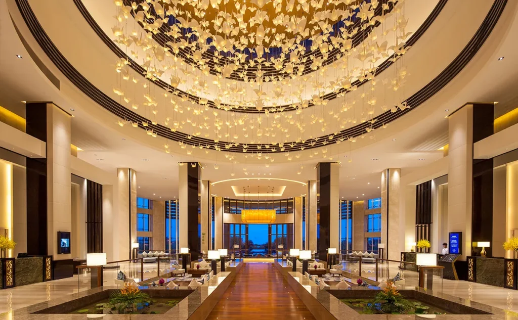 Elegant ballroom in a luxury hotel with hanging crystal light installations