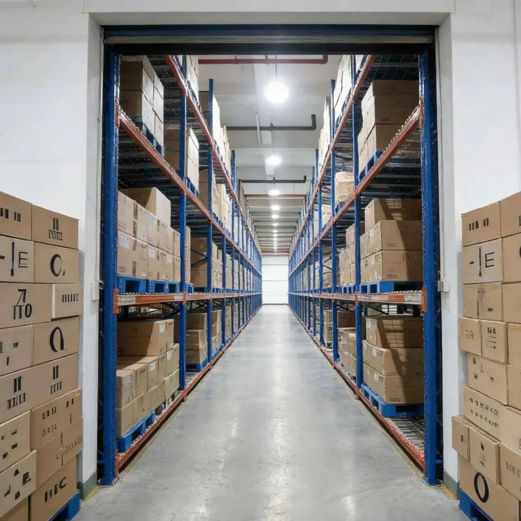 Modern warehouse storage racks in an industrial plant protected by overhead fire sprinkler systems