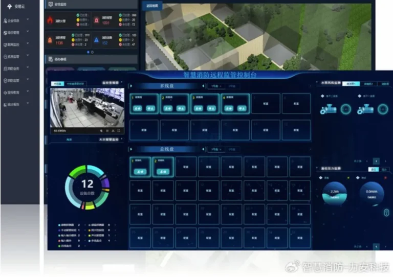 Smart fire protection cloud monitoring dashboard on a digital screen