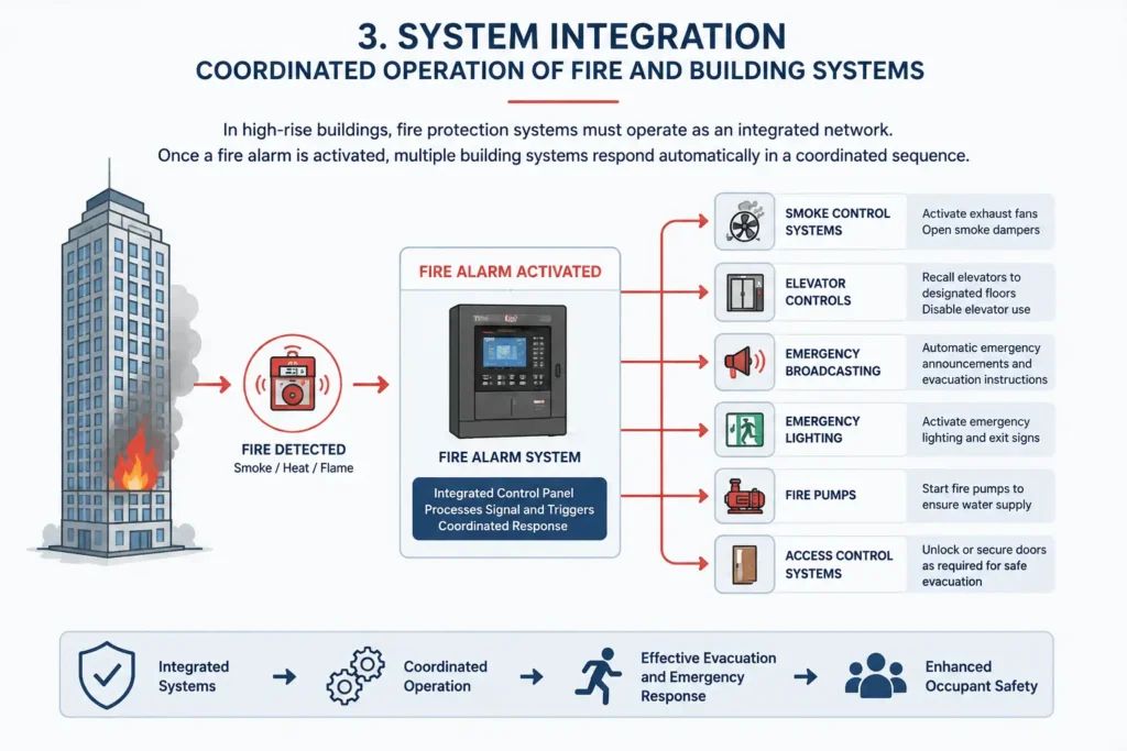 An infographic diagram explaining high-rise building system integration and the coordinated operation of fire protection networks during an alarm.