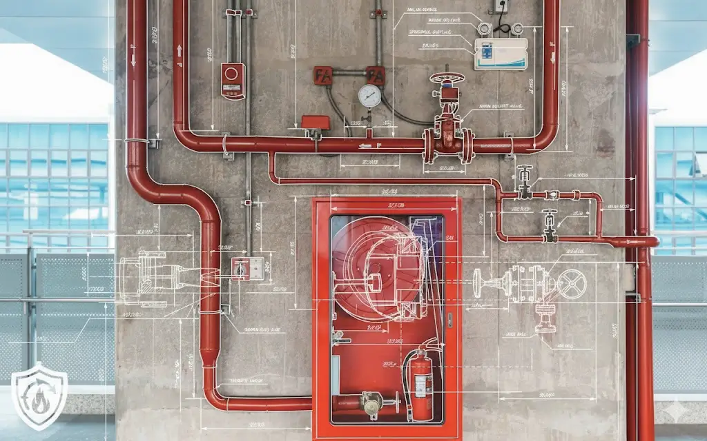 A mixed-reality or BIM overlay concept showing white technical blueprints traced over a real red fire protection pipeline and fire extinguisher cabinet on a concrete wall.