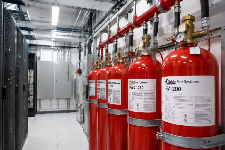 Red FM-200 and Novec 1230 clean agent fire suppression gas cylinders with pressure gauges and industrial piping in a data center mechanical room