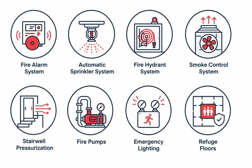 An infographic chart showing icons for fire alarm, automatic sprinkler, fire hydrant, smoke control, stairwell pressurization, fire pumps, emergency lighting, and refuge floors.