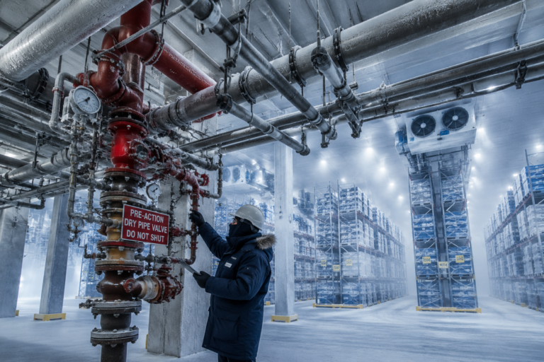 Sub-zero cold storage warehouse at -38°C with overhead industrial fire sprinkler piping network for fire protection engineering