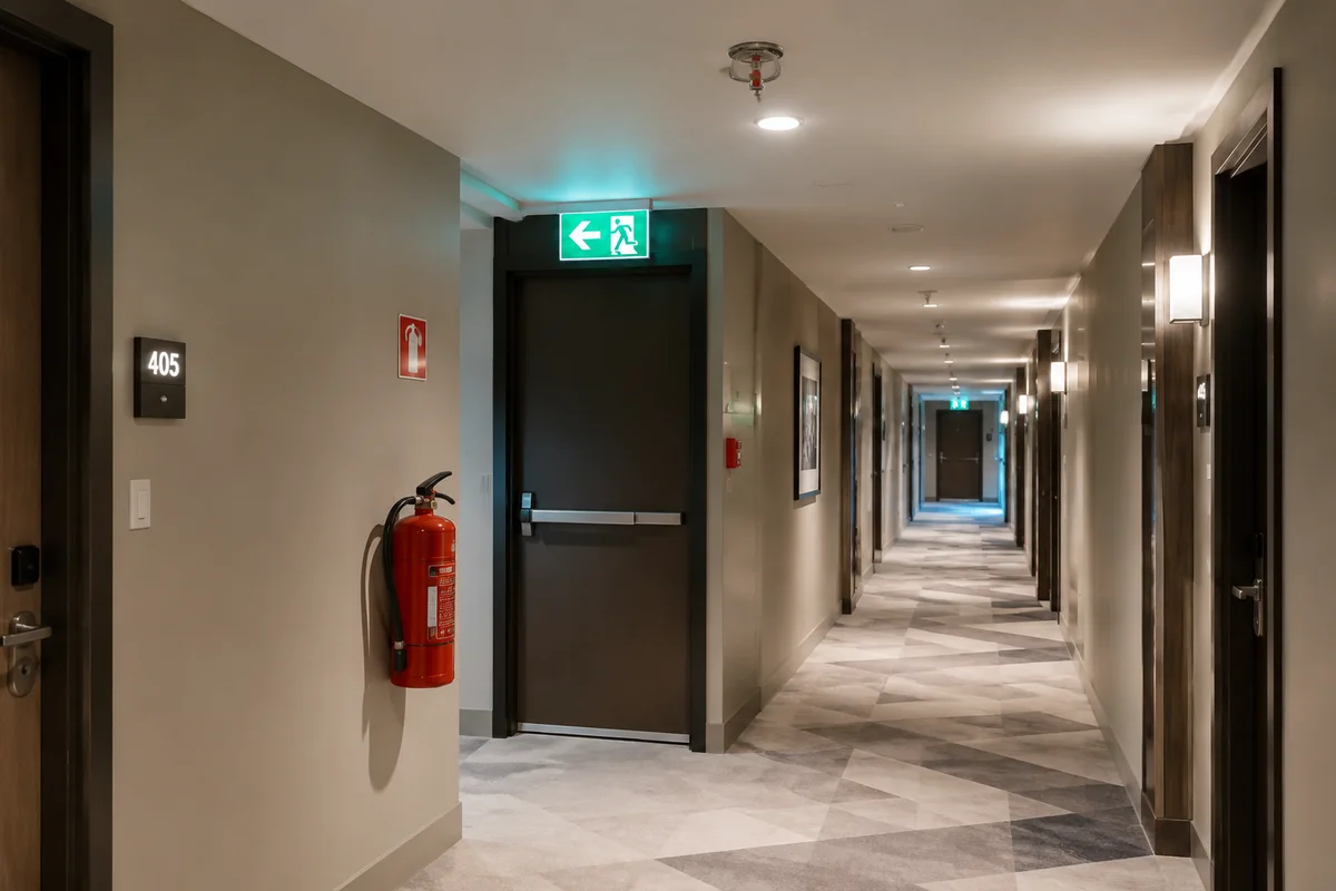 Modern hotel corridor with fire extinguisher, exit sign, and sprinkler system