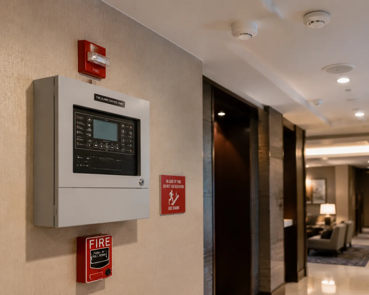 Modern hotel fire alarm control panel and smoke detectors in lobby ceiling