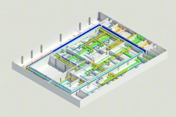 Technical 3D rendering of building HVAC and plumbing system layout