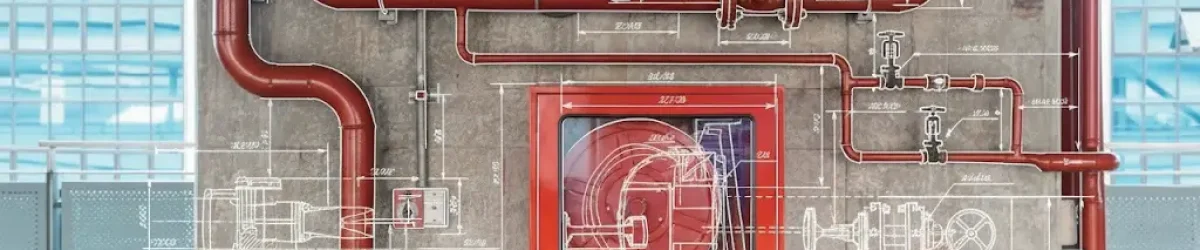 A mixed-reality or BIM overlay concept showing white technical blueprints traced over a real red fire protection pipeline and fire extinguisher cabinet on a concrete wall.