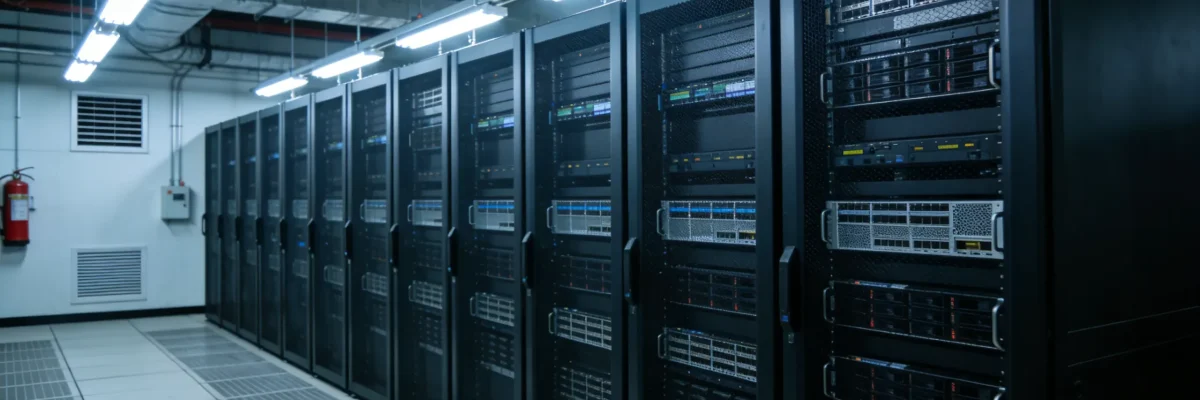 Perspective View of a Modern Server Room Aisle